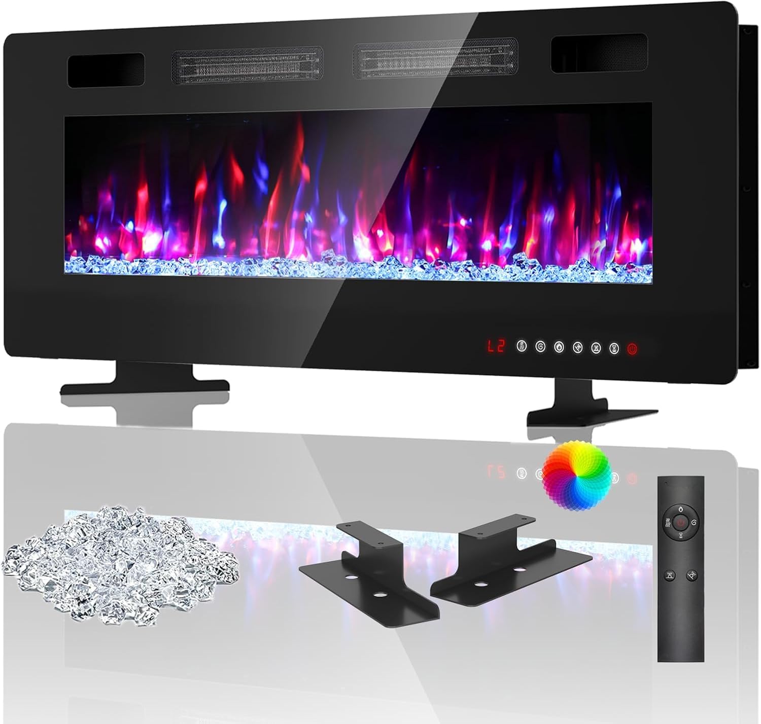 BREEZEHEAT 50 Inch Ultra Thin Electric Fireplace-Freestanding or Recessed Wall Mounted Fireplace Heater, Remote Control, Touch Screen, 750W/1500W, 8H Timer for Living Room, Bedroom, Office