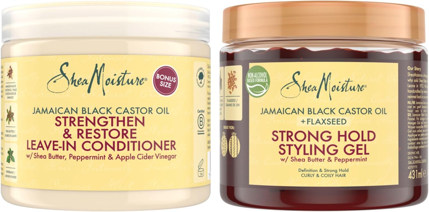 SheaMoisture Jamaican Black Castor Oil Strengthen & Restore Leave-In Conditioner 431 ml & SheaMoisture Jamaican Black Castor Oil Strong Hold Styling Gel for coily & curly hair 431 ml