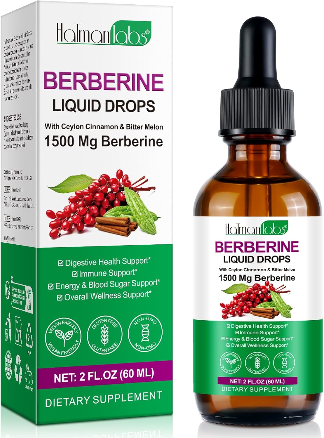 Berberine Liquid Drops, Berberine Supplement with High Strength Support Energy, Gut Health, Immune System & Metabolism Support, Health Supplement & Vitamins for Women & Men, Sugar Free, Non-GMO - 60ml