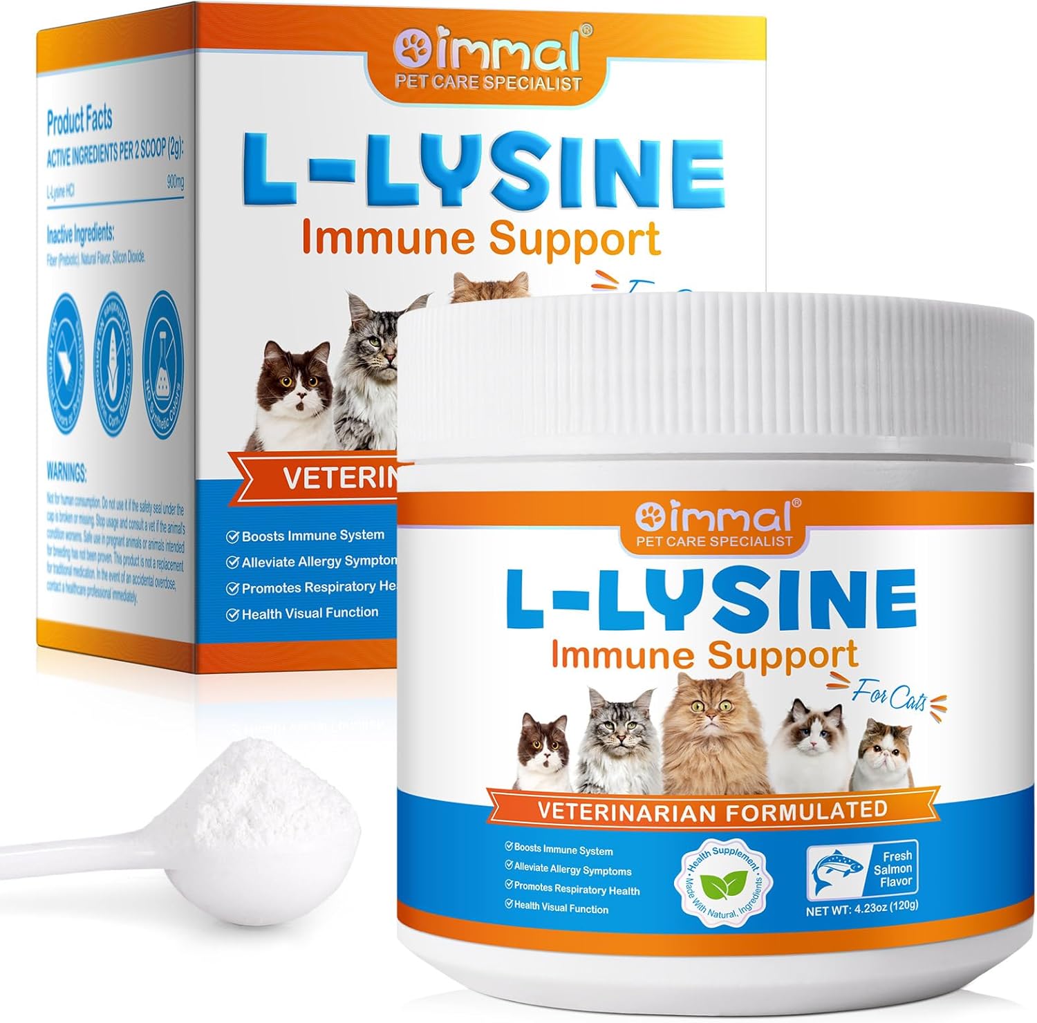 L-Lysine Powder for Cats, Lysine Supplement for Cats, Support Immune System, Respiratory Health & Visual Function and Allergy Relief, Pets Health Supplies Multivitamins, Salmon Flavor - 4.23 oz / 120g