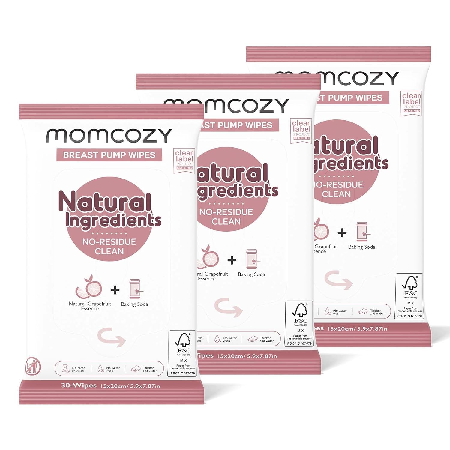 Momcozy Natural Breast Pump Wipes for Pump Parts Cleaning On-the-go, 30 Count (Pack of 3), Flash Clean & Resealable Pump Wipes