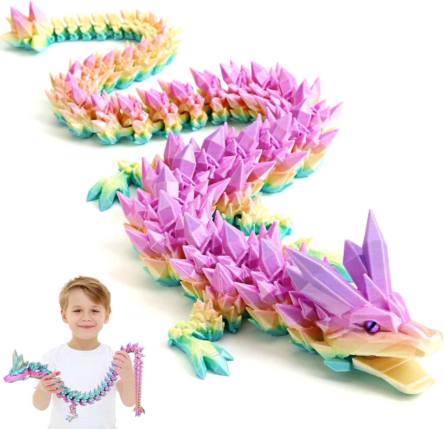 3D Printed Dragon Toys with Eyes, Bendable and Flexible Big Fidget, 24 inches Dazzling Gradient Crystal Wyrm, Articulated Gem Serpent Figure for Home Office Decor (Mystical Colorful Dragon)