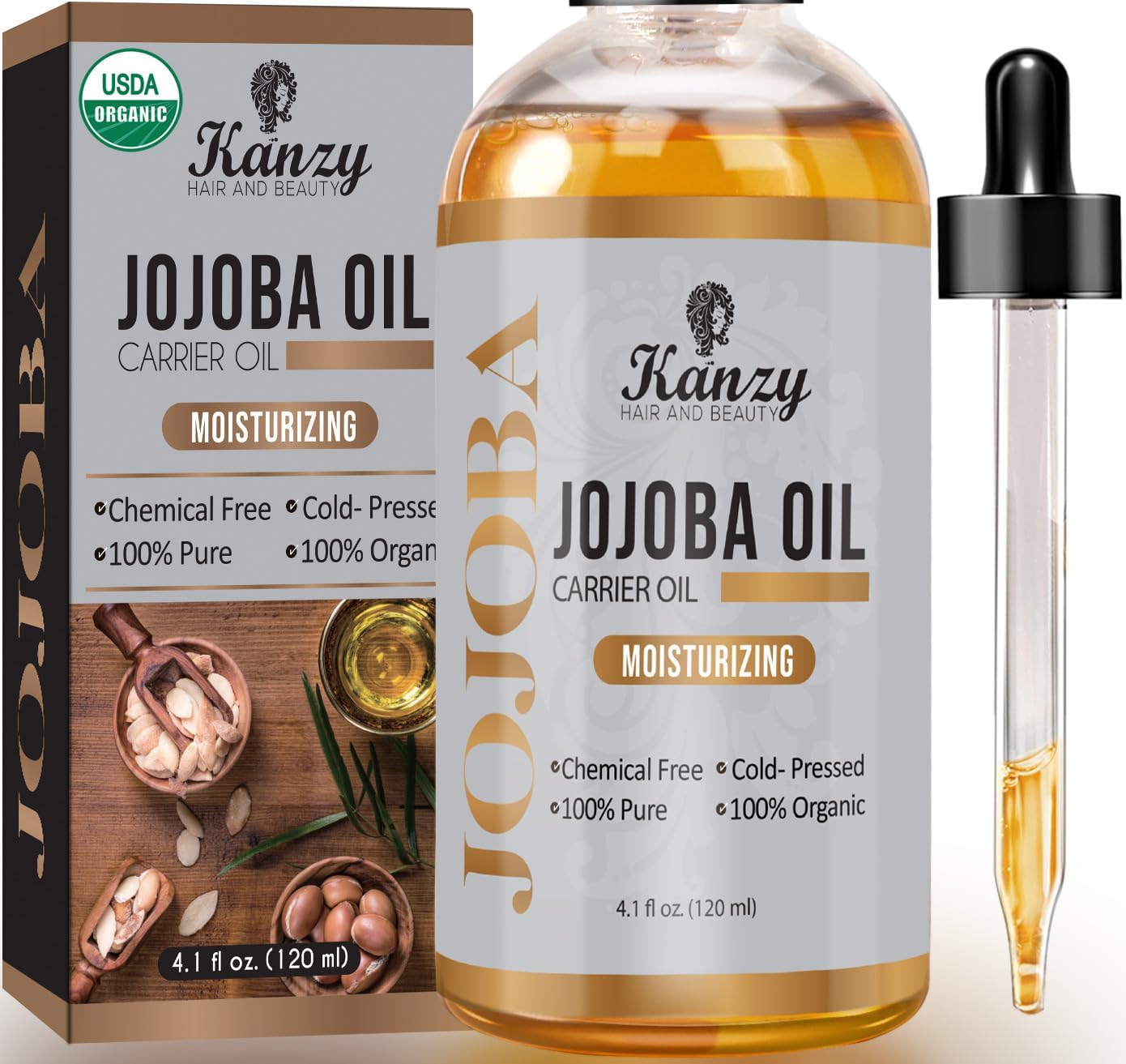 Kanzy Organic Cold Pressed Jojoba Oil 120ml - 100% Pure for Hair, Nails, Eyelash & Eyebrow Growth - Vegan & Cruelty Free for Skin, Face & Body as Carrier, Massage Oil