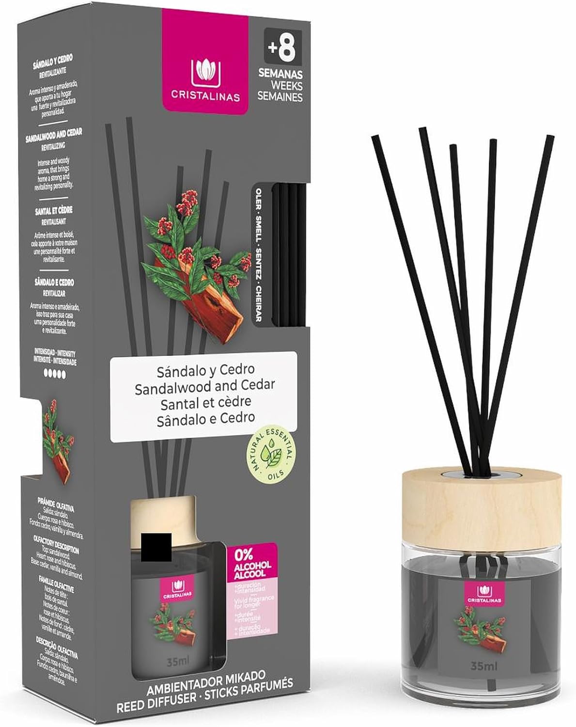 Cristalinas 35ml Sandalwood & Cedar Air Fresheners for Home - Reed Diffusers for home - Home Fragrance Lasts upto 8 weeks - Room Diffuser Sticks with Coloured Fragrance Oil