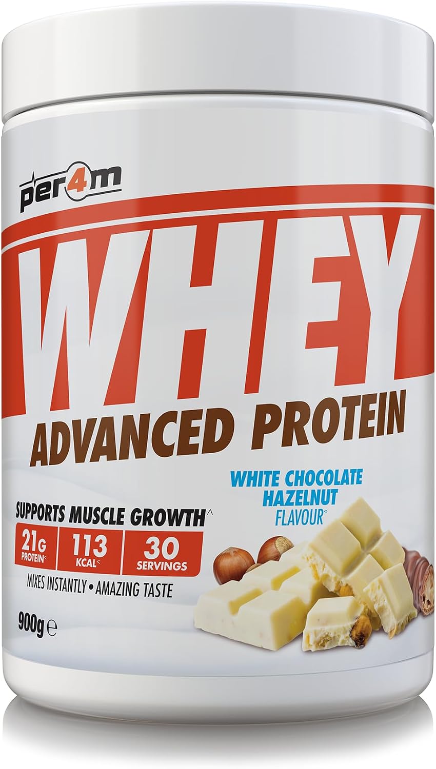 Per4m Whey Protein Powder | High Protein Shake for Muscle Growth & Recovery | Low Sugar Gym Supplement | Sports Nutrition Drink + Amino Acids (900g, White Chocolate Hazelnut)