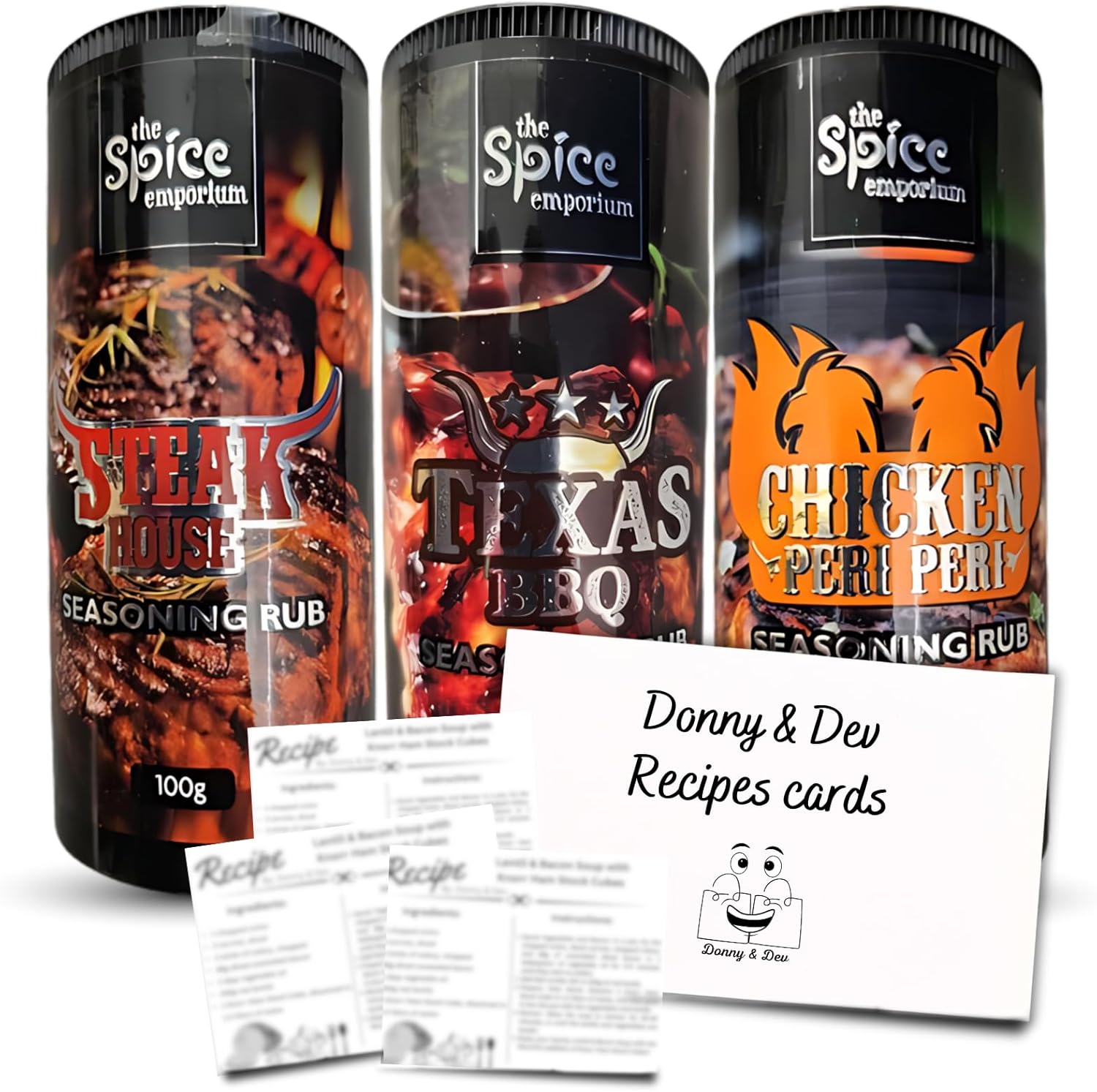 BBQ Seasoning Set Includes: 3x The Spice Emporium Meat Rub : Steak Rub │ Texas BBQ │ Peri Peri Chicken Seasoning Powder (1x each) │ & Recipes Cards from Donny & Dev