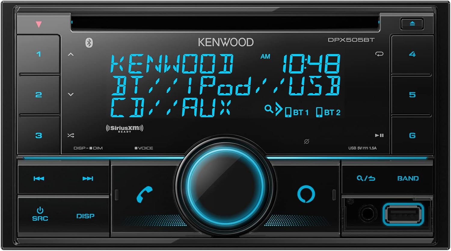 KENWOOD DPX505BT Double DIN in-Dash CD Car Stereo. AM/FM with Bluetooth, Amazon Alexa Voice Control, High-Contrast 3-line Display with Variable-Color Illumination, SiriusXM