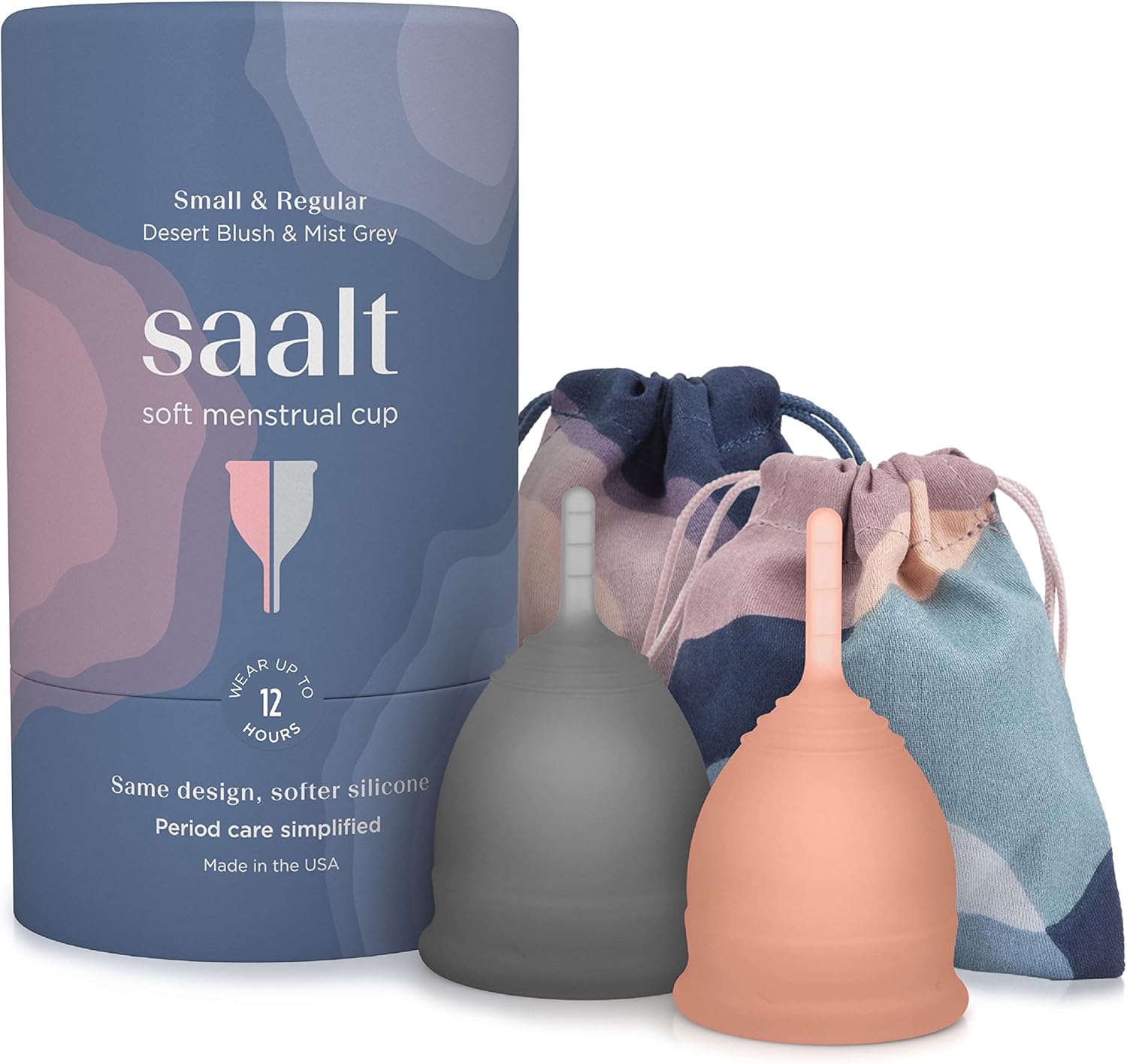Saalt Soft Menstrual Cup - Best Sensitive Reusable Period Cup - Wear for 12 Hours - Tampon and Pad Alternative (Regular Grey, Small Desert Blush, Regular Grey, Small Desert Blush)