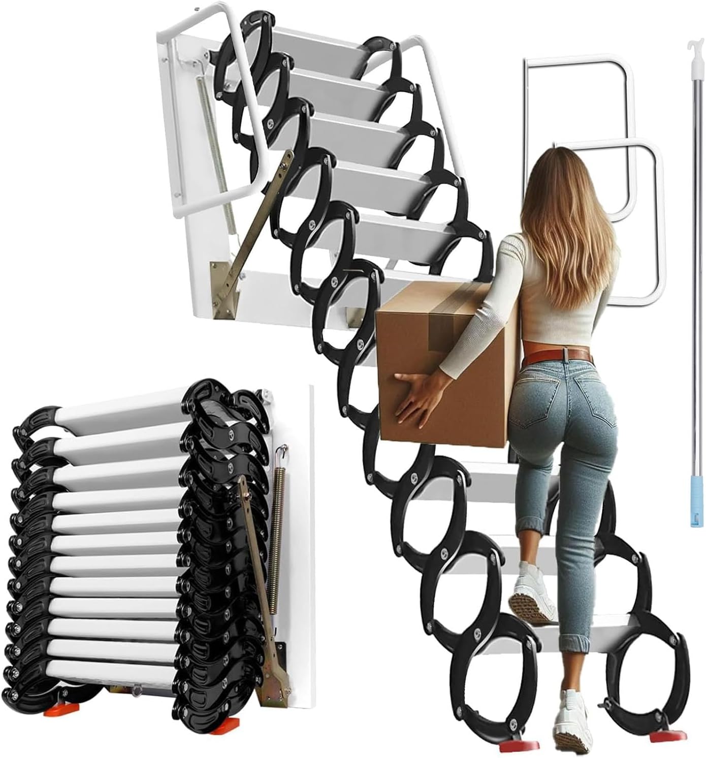 12-Steps Wall-Mounted Attic Ladder, Attic Staircase with Handrail, Maximum Load Capacity 880 lbs, Attic Ladder Pull Down System-Suitable for Attics, Garages, Roofs, Basements (Black)