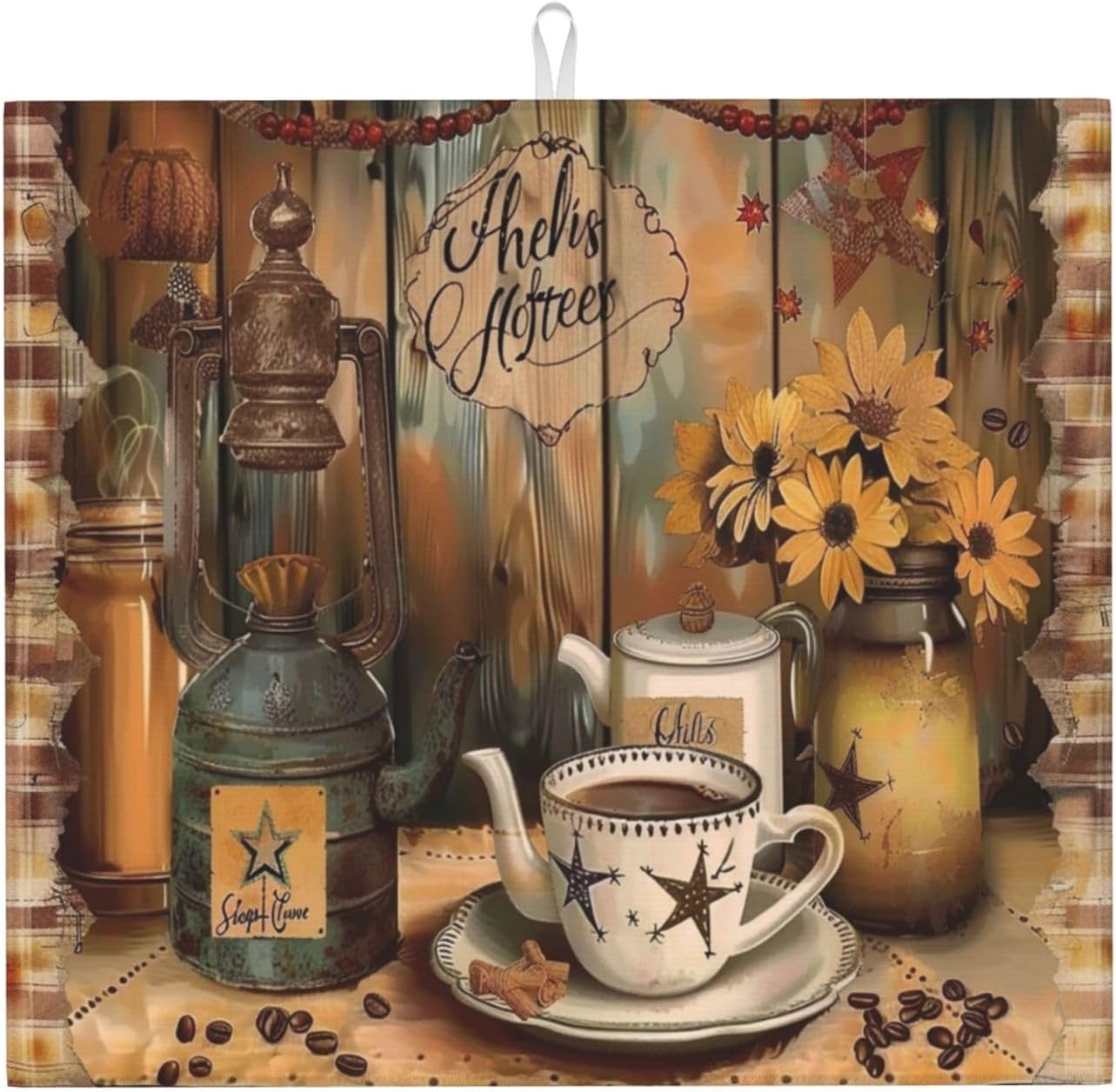 Dish Drying Mats Vintage Farmhouse Coffee Cup Kettles Sunflower Kitchen Draining Mat Non slip hangable Cutlery Drying Mats for Kitchen Counter Coffee Bar Dinning Room Decor 16"x18"