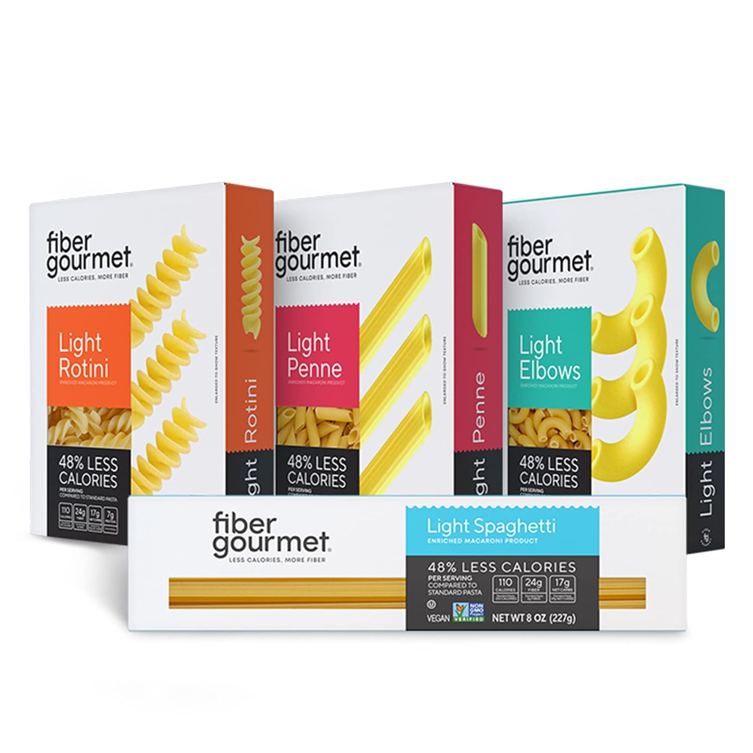 Fiber Gourmet Low Carb Pasta Variety Pack - Spaghetti, Rotini, Penne, Elbows - High Fiber, Keto Friendly, Non-GMO, Vegan, Kosher - Made in Italy with 48% Fewer Calories and Reduced Net Carbs