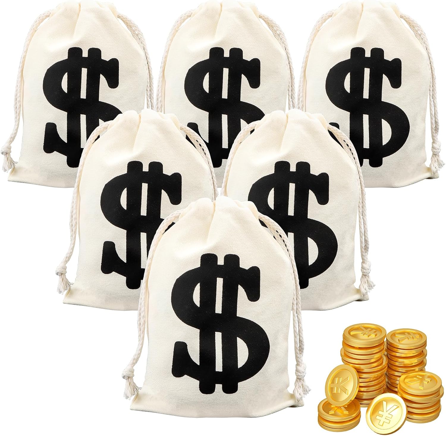 Pack of 6 Money Bags - Dollar Sign Purse, Purse Prop - Coin Bags for Bank - Drawstring Bags - Game for Children, Ideal for Party Favours, Film Props, Cosplay, Halloween, beige, merefame