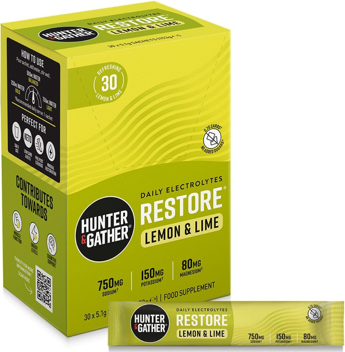 Hunter & Gather Restore Electrolytes Sachets x 30 I No Added Sugar or Artificial Sweeteners I 100% Natural Hydration I Optimal Mineral Ratio with Pink Himalayan Salt I Keto I with Natural Monk Fruit