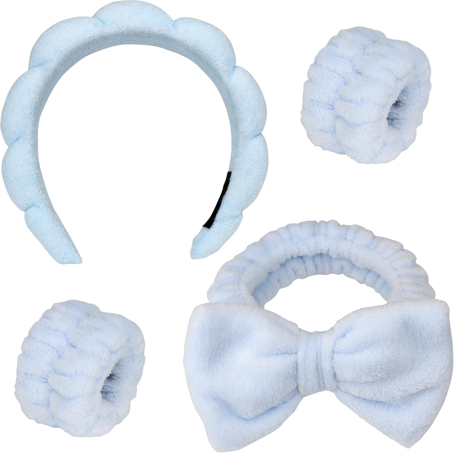 4PCS Spa Headband Hairband & Wristband Set Bow-tie Hairband with Buckled Hair Band Wrist Washband Terry Towel Cloth Headband for Washing Face Makeup Removal Skincare Blue