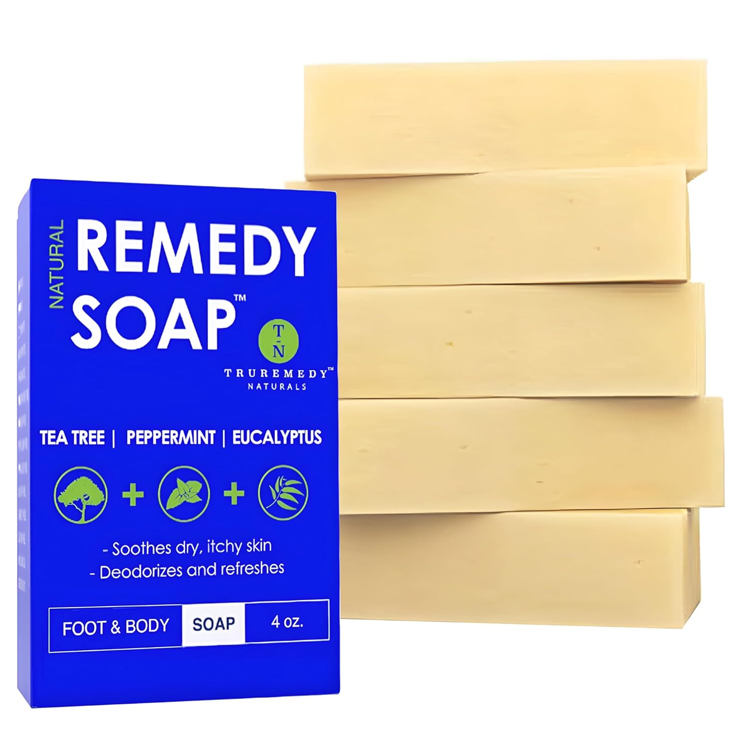Truremedy Naturals Remedy Soap for Men, Women - Tea Tree Oil Bar includes Peppermint, Eucalyptus - for Foot, Body, All Skin Types - Pack of 5
