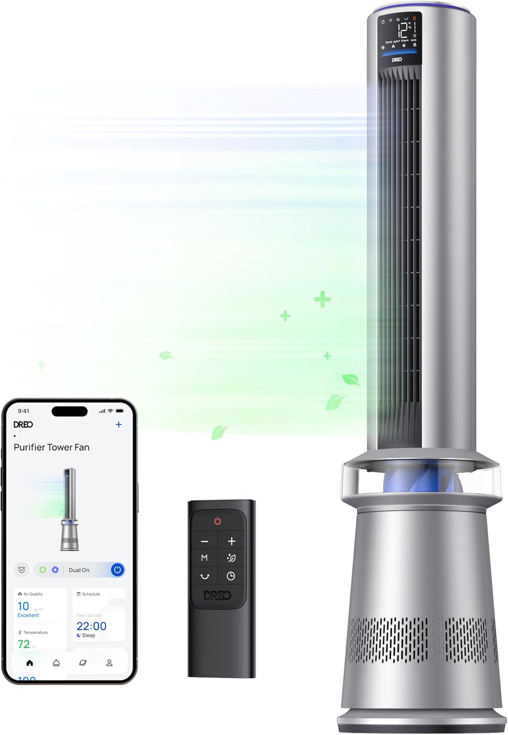 Dreo MC710S Air Purifier Tower Fan, 45" 2-in-1 Smart Fan for Bedroom, 27ft/s Velocity, 120°Oscillation, 24H Timer Bladeless Fans for Home, 25dB Low Noise, Standing Fan Works with Alexa, Silver Blue