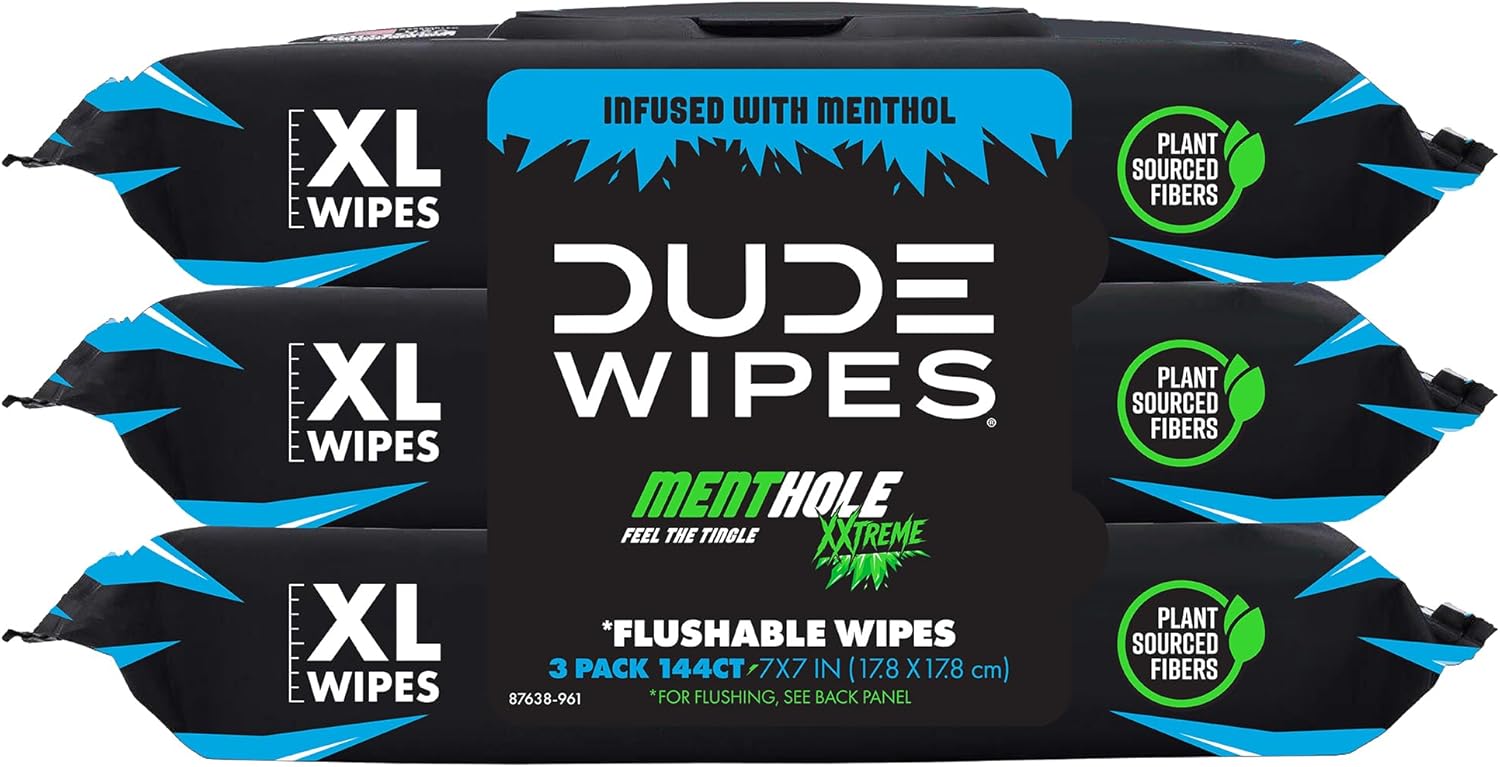 DUDE Wipes MentHOLE XXtreme Flushable Wipes - Menthol Infused Extra-Large Adult Wet Wipes - 3 Pack (144 Count) - Infused with Menthol for a Cooling Sensation - Septic and Sewer Safe