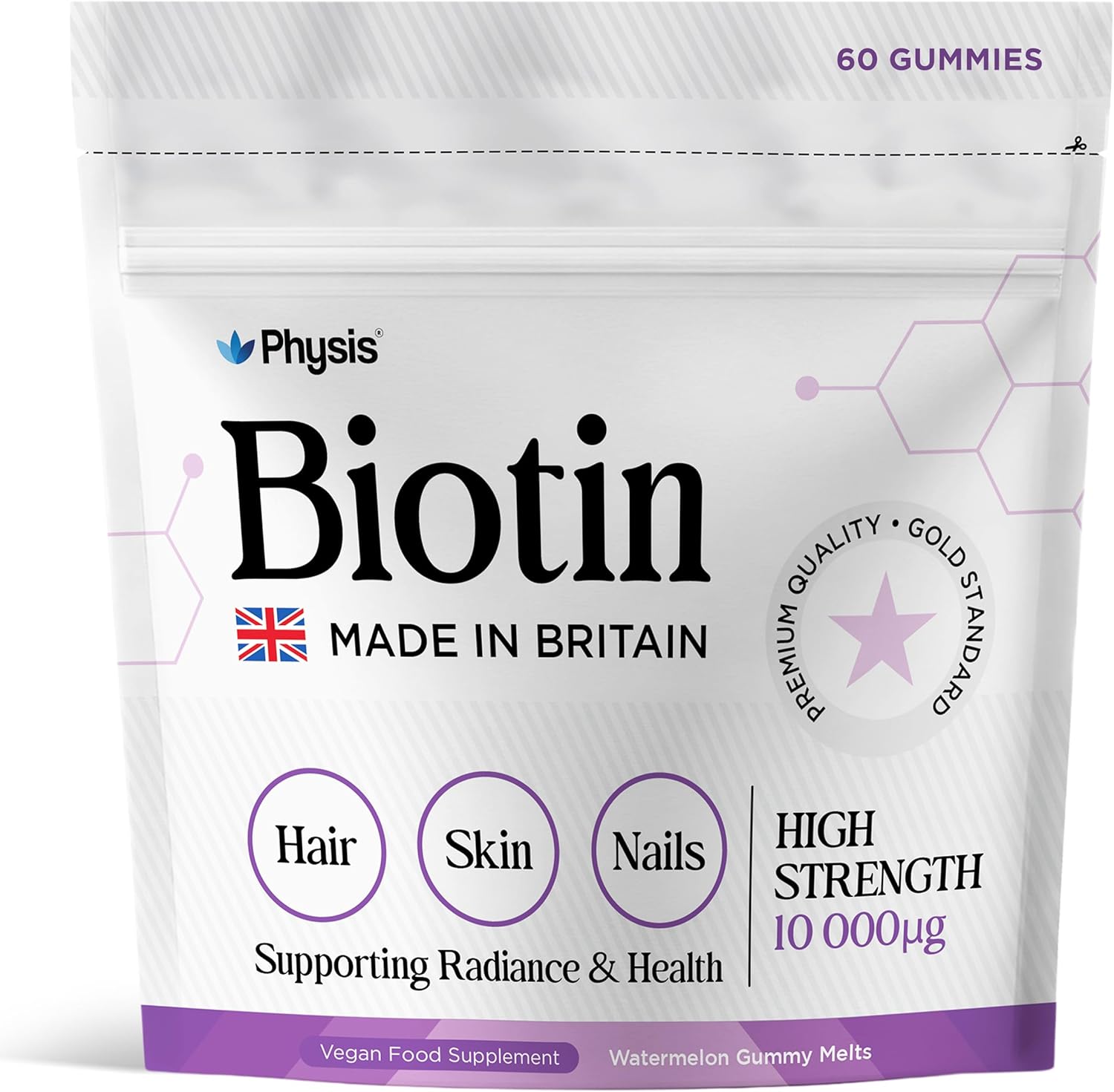 Physis British Biotin Gummies | 10,000mcg High Strength | Hair Skin Nails | Growth Booster | 60 x Gummies Mouth-Watering Watermelon | 1 Month | Growth Supplement | Radiance Health | Biotin Supplement