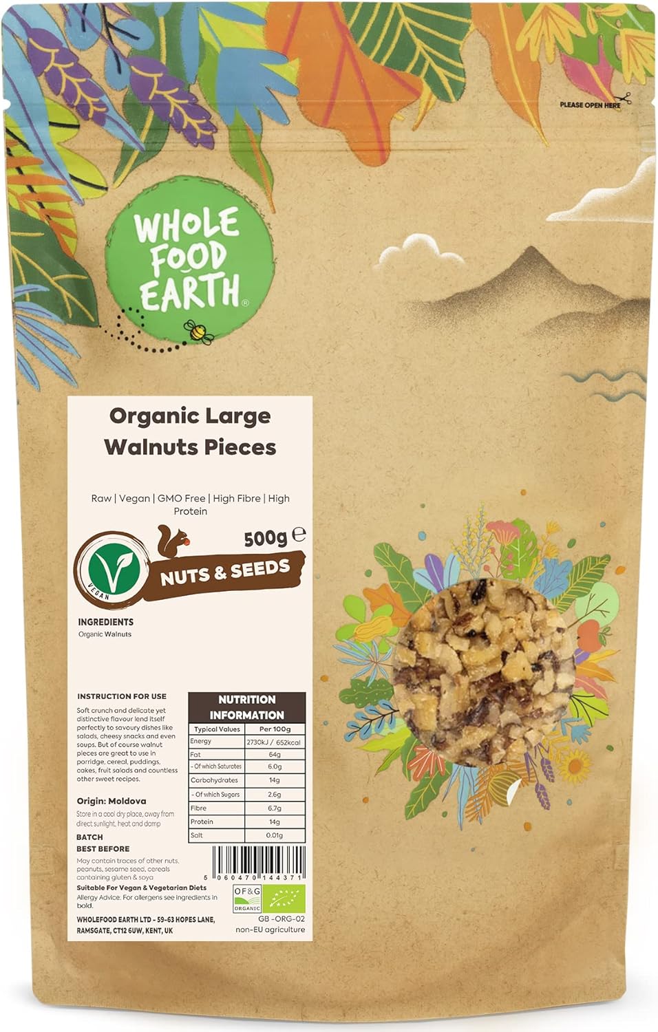 Wholefood Earth Organic Large Walnuts Pieces 500g Raw | Vegan | GMO Free | High Fibre | High Protein | Certified Organic