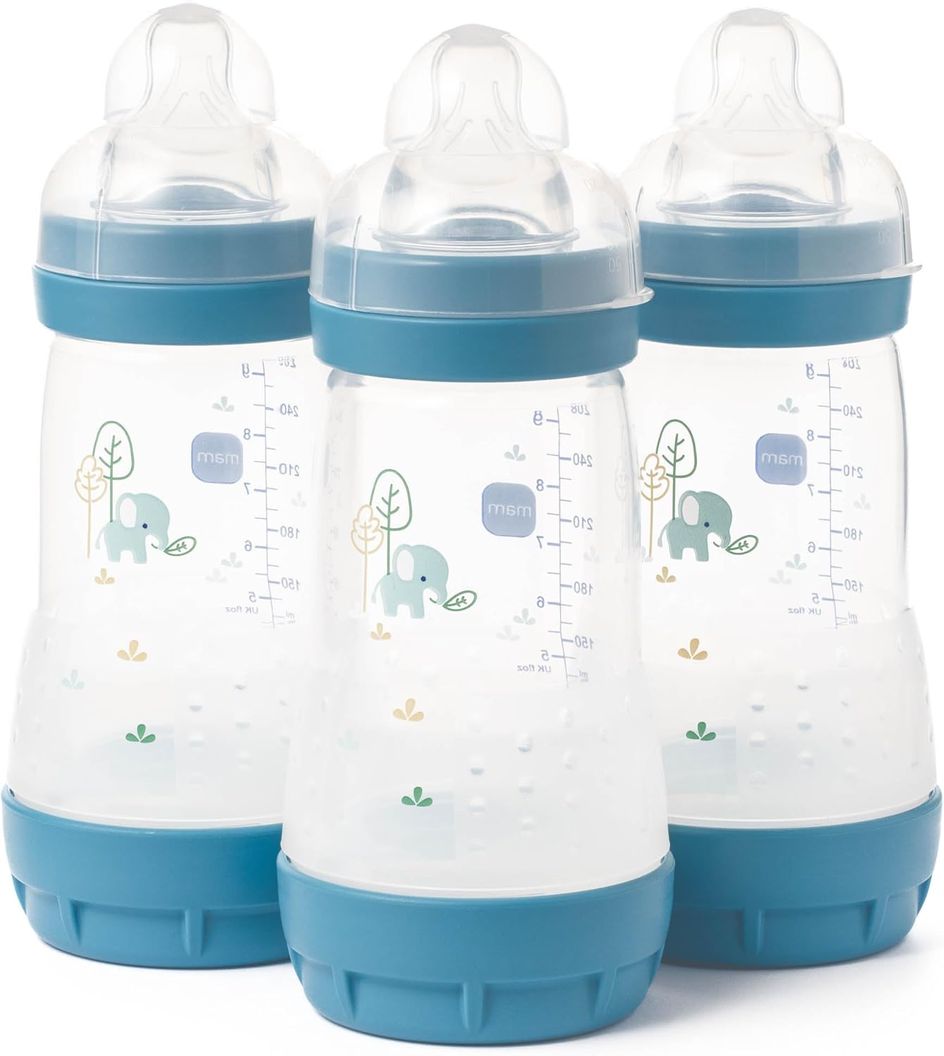 MAM Easy Start Anti-Colic Baby Bottles | 3 Pack (3 x 260) | Self-Sterlising Baby Milk Bottle | Medium Flow MAM Teats Size 2 | Newborn Essentials | Blue (Various Designs)