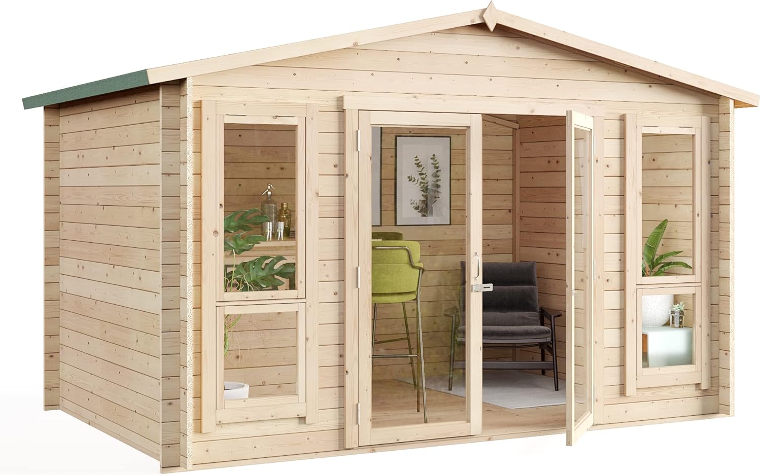 BillyOh Sasha 12 x 8 Log Cabin Summer House Shed – Wooden Garden Room with Apex Roof, Double Doors, Floor, Roof & Felt | Outdoor Office, Home Studio, Tiny Home & Lounge, Easily Assembled Garden House