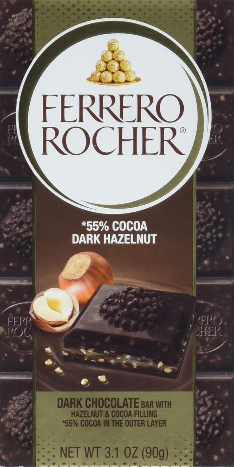 Ferrero Rocher Premium Chocolate Bars, 8 Pack, Dark Chocolate Hazelnut, Luxury Chocolate, Individually Wrapped, 3.1 Oz Each