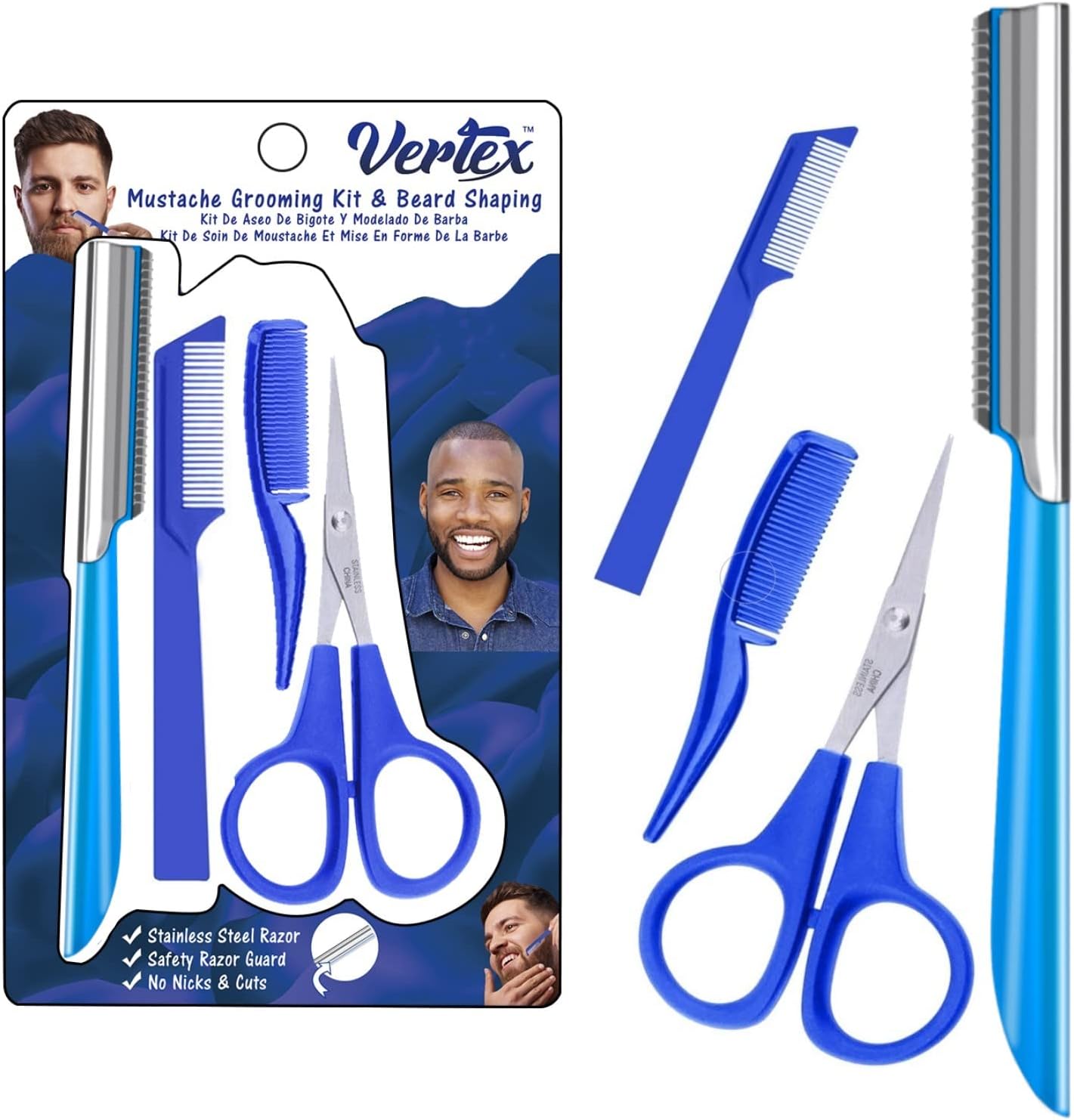 Mustache Scissors Grooming Kit Comb - Movember Travel Razor Mens Beard Trimmer Straight Edge Stainless Steel Shaping Tool For Men After Black Color Dye Goatee Shaper Clippers Balm Combs Wash Brush