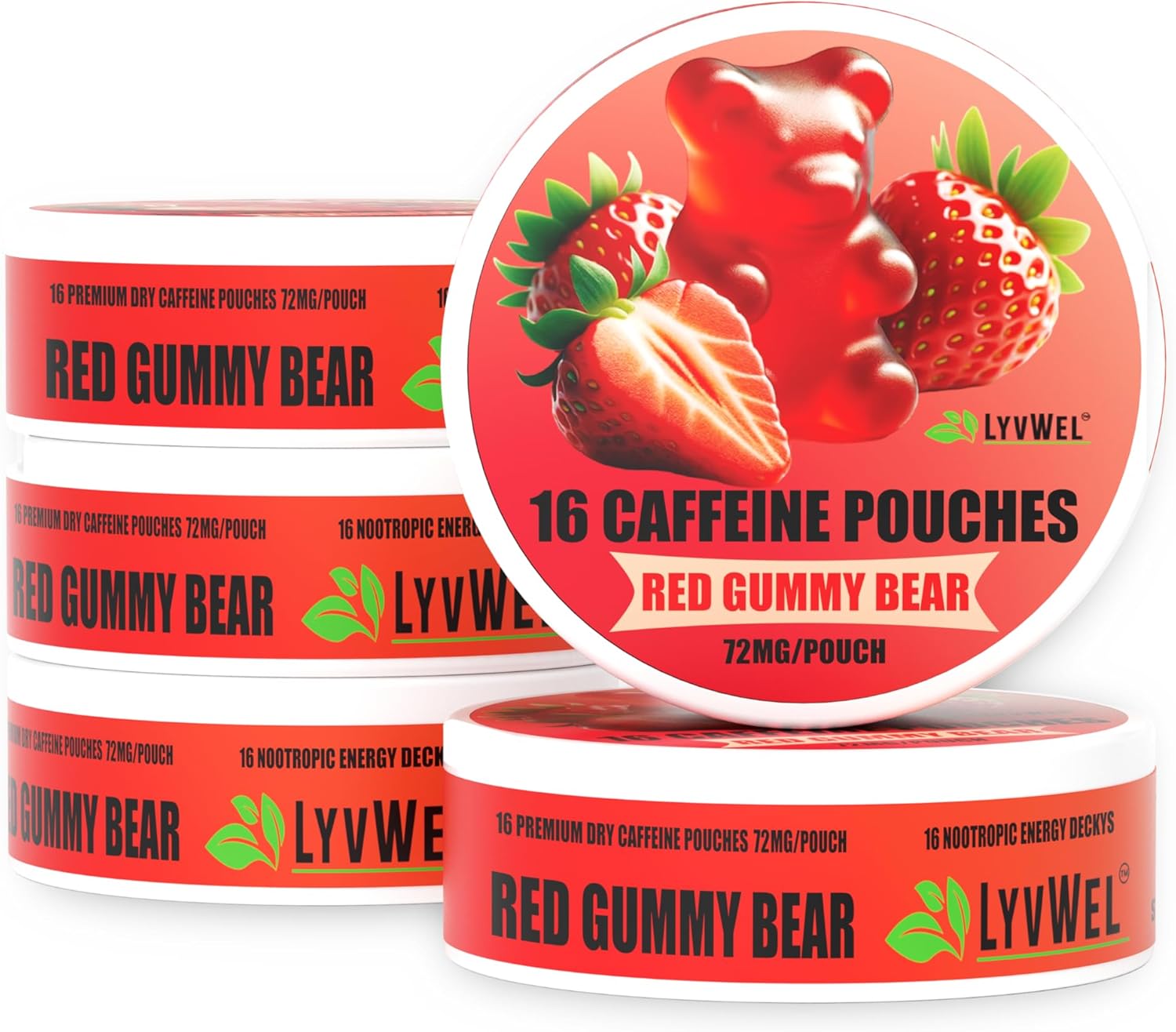 72mg Caffeine Energy Pouches – Red Gummy Bear – Sweet Candy Flavor with Smooth Guarana Energy – 5-Pack (80 Total Pouches)