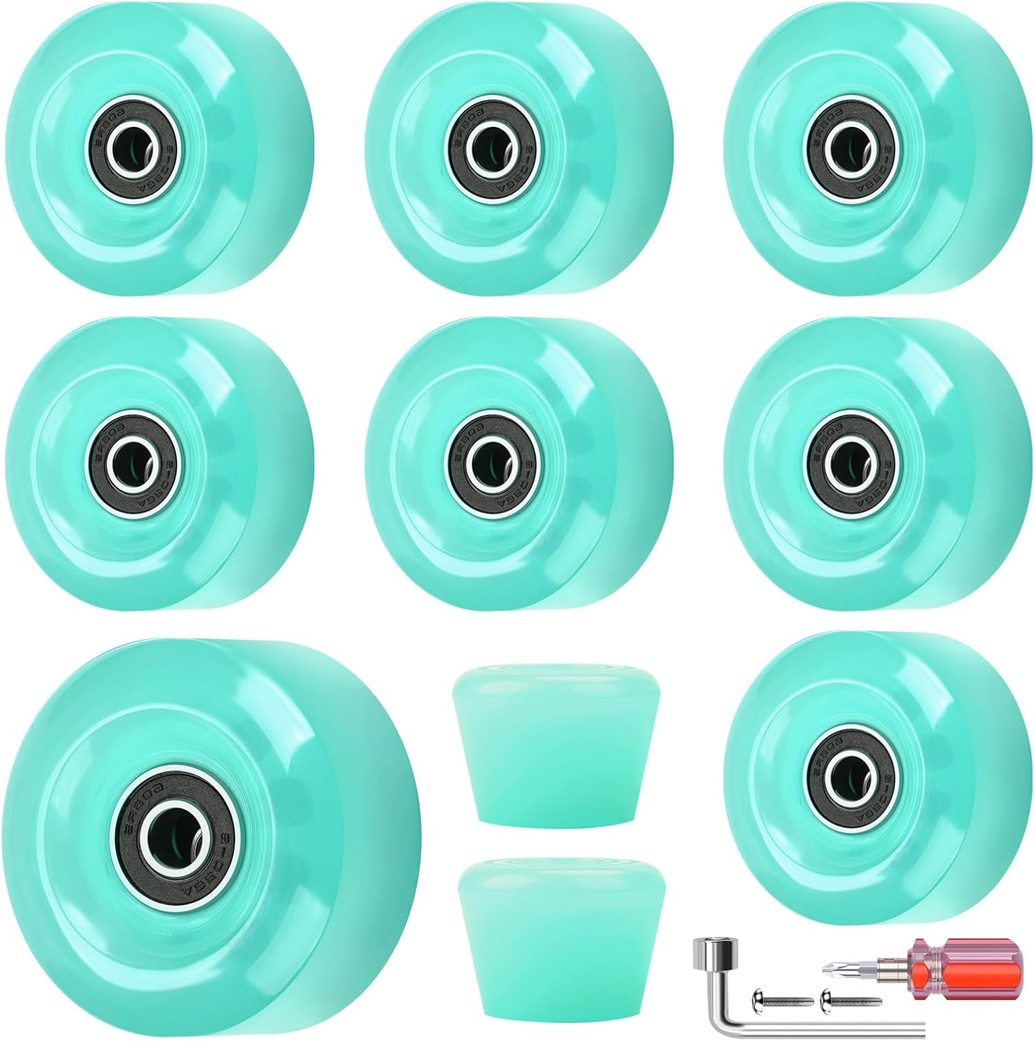 8 Pack 32 x 58, 82A Quad Roller Skate Wheels with Bearing Installed and 2 Toe Stoppers for Double Row Skating,Replacment Accessories Suitable for Outdoor or Indoor