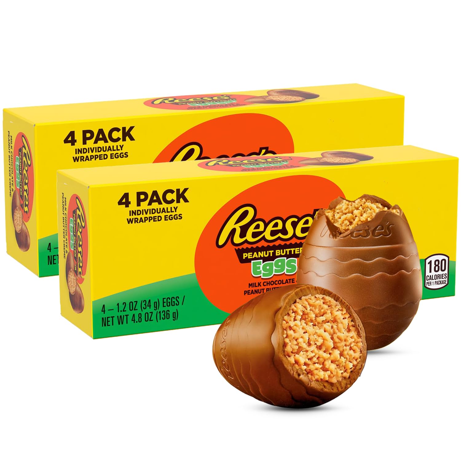 Reese Creme Eggs Easter Candy 2 Pack - Milk Chocolate Peanut Butter Eggs Individually Wrapped Easter Candy For Parties, Egg Hunt, Snacks & Treats - 8 Large 1.2oz Eggs