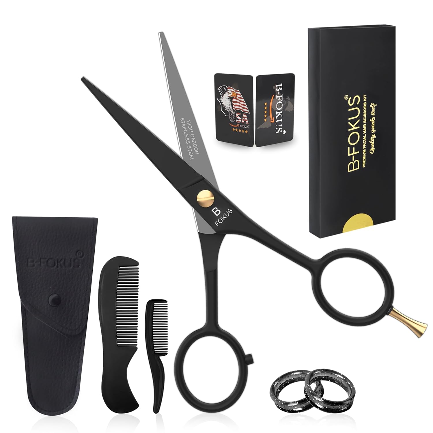 5" Professional Beard and Mustache Scissors, Black Color Beard Scissors Come with 1 Beard Comb, 1 Mustache Comb, 2 Stickers and Durable Pouch. Grooming Scissor for All Facial Hair Scissors (Black)