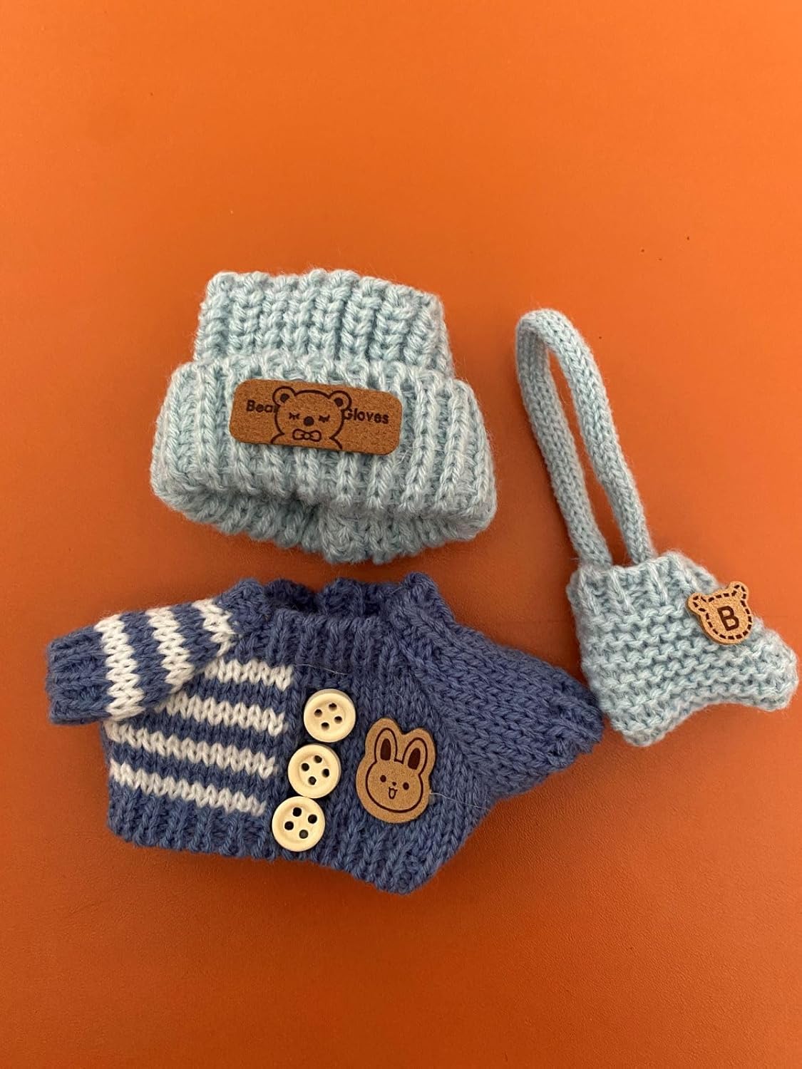 ‌Hand-Knitted Lalabubu Clothes for 17cm La Boo-Boo Dolls,Christmas Lububu Outfits Set for Doll,3PCS Warm Hat, Vest & Bag Kawaii Clothes for Lafufu (Knitted Sweater-Blue)