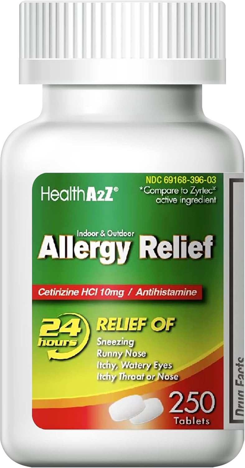 HealthA2Z® Allergy Relief | Cetirizine 10mg | All Day Allergy Relief | Indoor & Outdoor | Relief from Itchy Throat, Sneezing, Runny Noses (250 Count (Pack of 1))