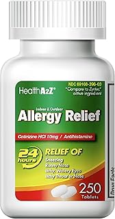 HealthA2Z® Allergy Relief | Cetirizine 10mg | All Day Allergy Relief | Indoor & Outdoor | Relief from Itchy Throat, Sneezing, Runny Noses (250 Count (Pack of 1))