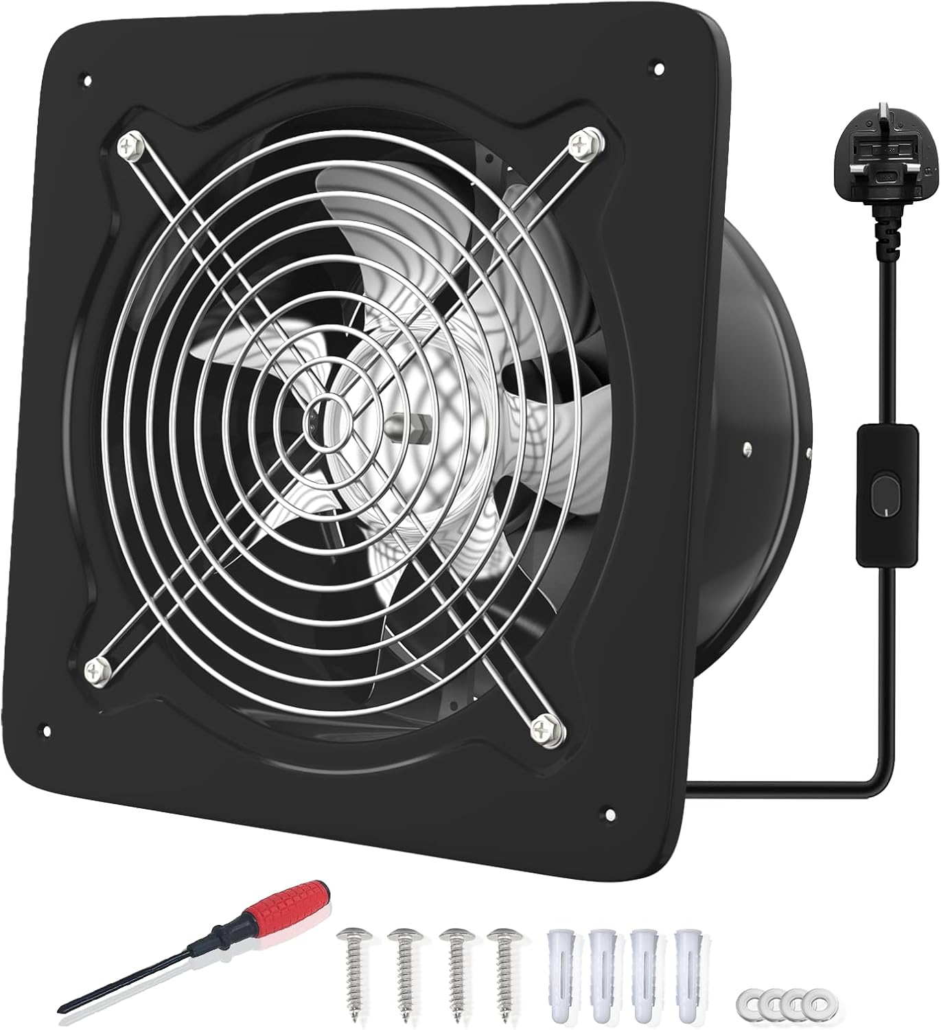 FanGoFast 6 Inch/150mm Kitchen Exhaust Fan 525m³/h Metal Extractor Fan with UK Plug Low Noise Stainless Steel Ventilation Fan for Warehouse Home Restaurant Garage (Black, 150mm)