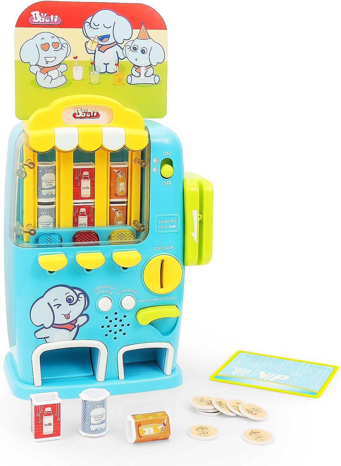 Interactive Vending Machine Toy for Kids Ages 3+, Play Drink Dispenser with Lights & Sounds, Real Coin & Card Mode, Quiz Game, Pretend Play Cash Register Gift for Boys and Girls