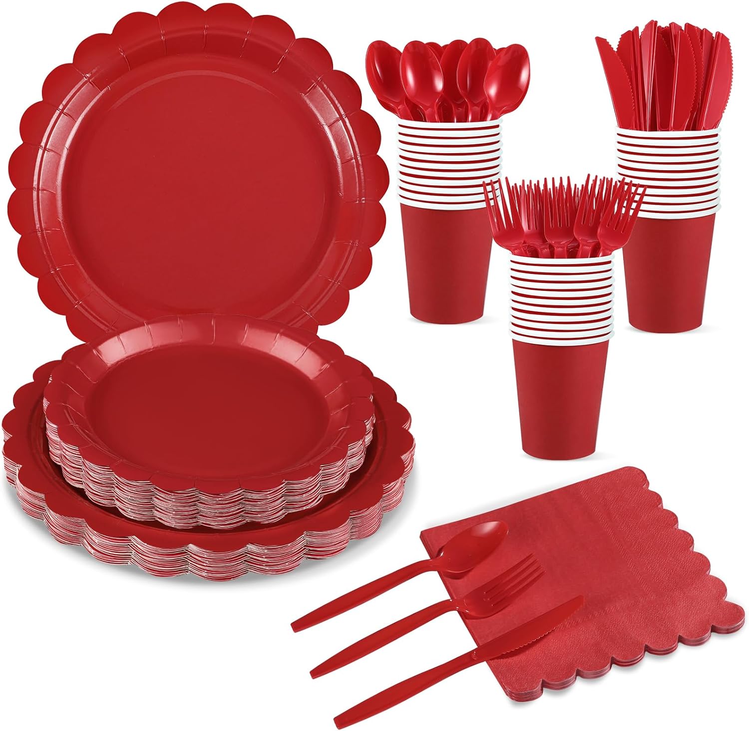 175 Pcs Red Plates and Napkins, 25 Guest Red Party Supplies Include Scalloped Plates Napkins Cups Plastic Spoons Forks Knives for Birthday, Christmas, Picnic