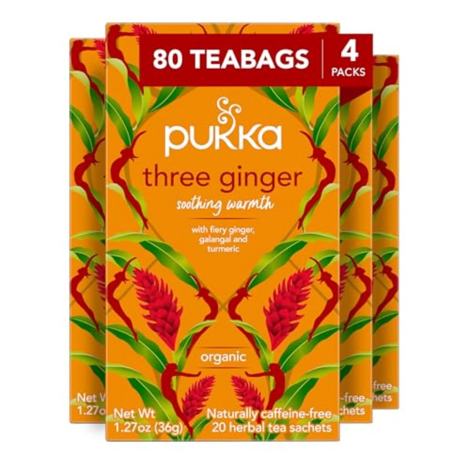 Pukka Three Ginger Organic Herbal Tea, Digestion-Aiding Infusion With Ginger, Turmeric, and Galangal, Tea Gift Set Ideal After Meals, Caffeine Free, 80 Total Bags (20ct - Pack of 4)