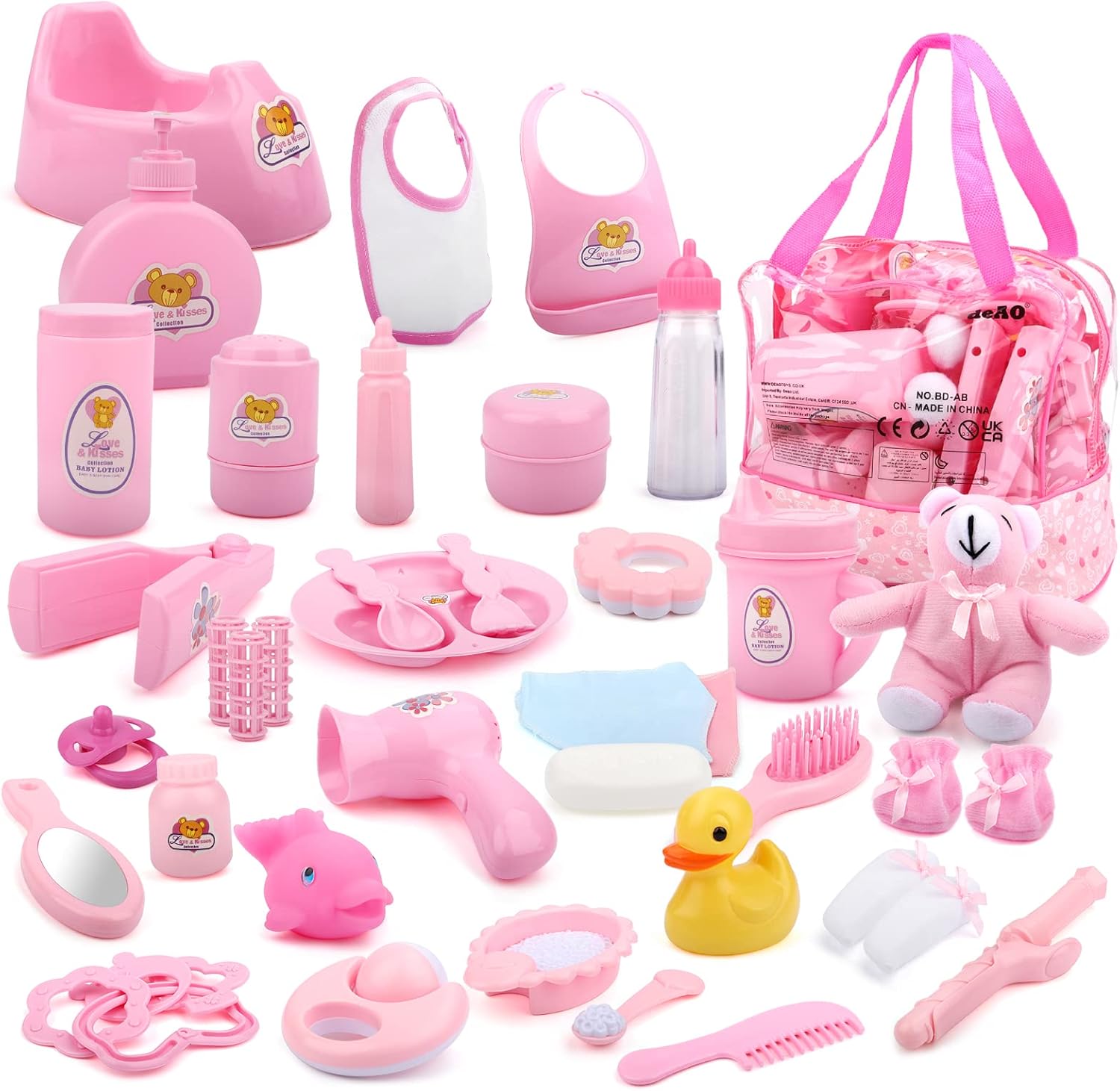 deAO Baby Doll Accessories Set 40PCS Pretend Play Role Play Games Set with Baby Feeding Accessories, Bag, Doll Bear, Bath, Soother Dummy, and Much More-Nurturing Pretend Toy for Kids