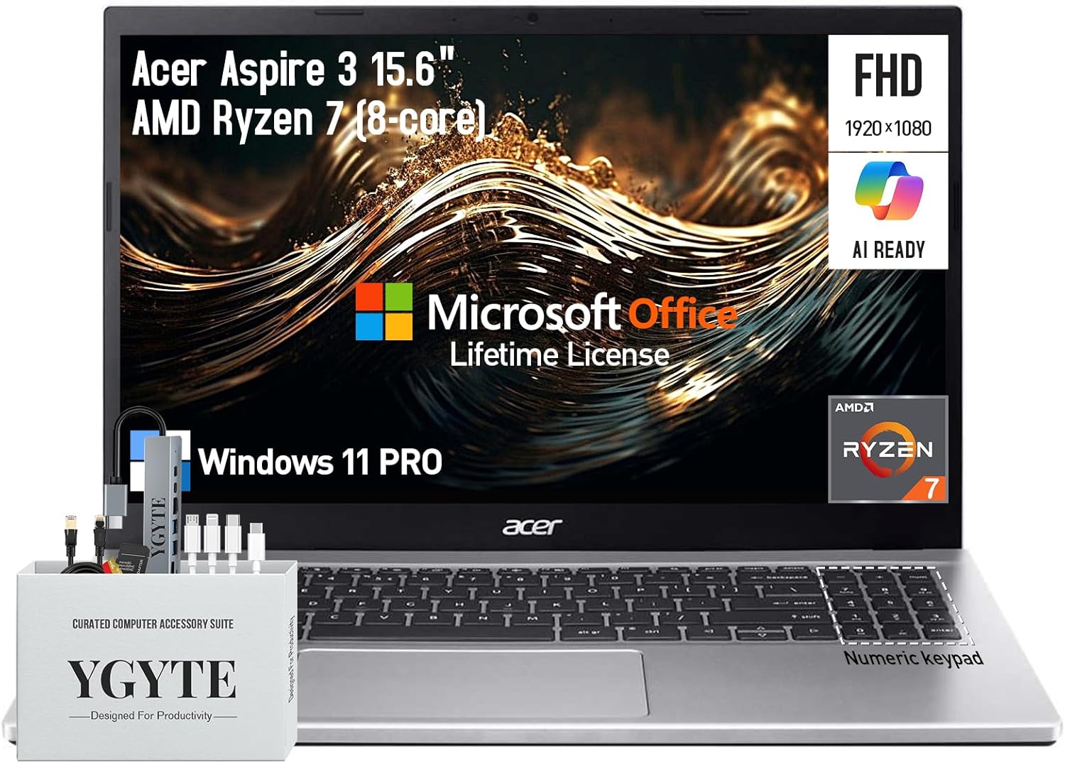 acer Aspire 3 15.6 Laptop Computer, 15 Inch FHD College Students Business Laptop PC, AMD Ryzen 7, 32GB RAM 1TB SSD+512GB Docking Set, Windows 11 Pro Lifetime Office,Ethernet Port,10-Key