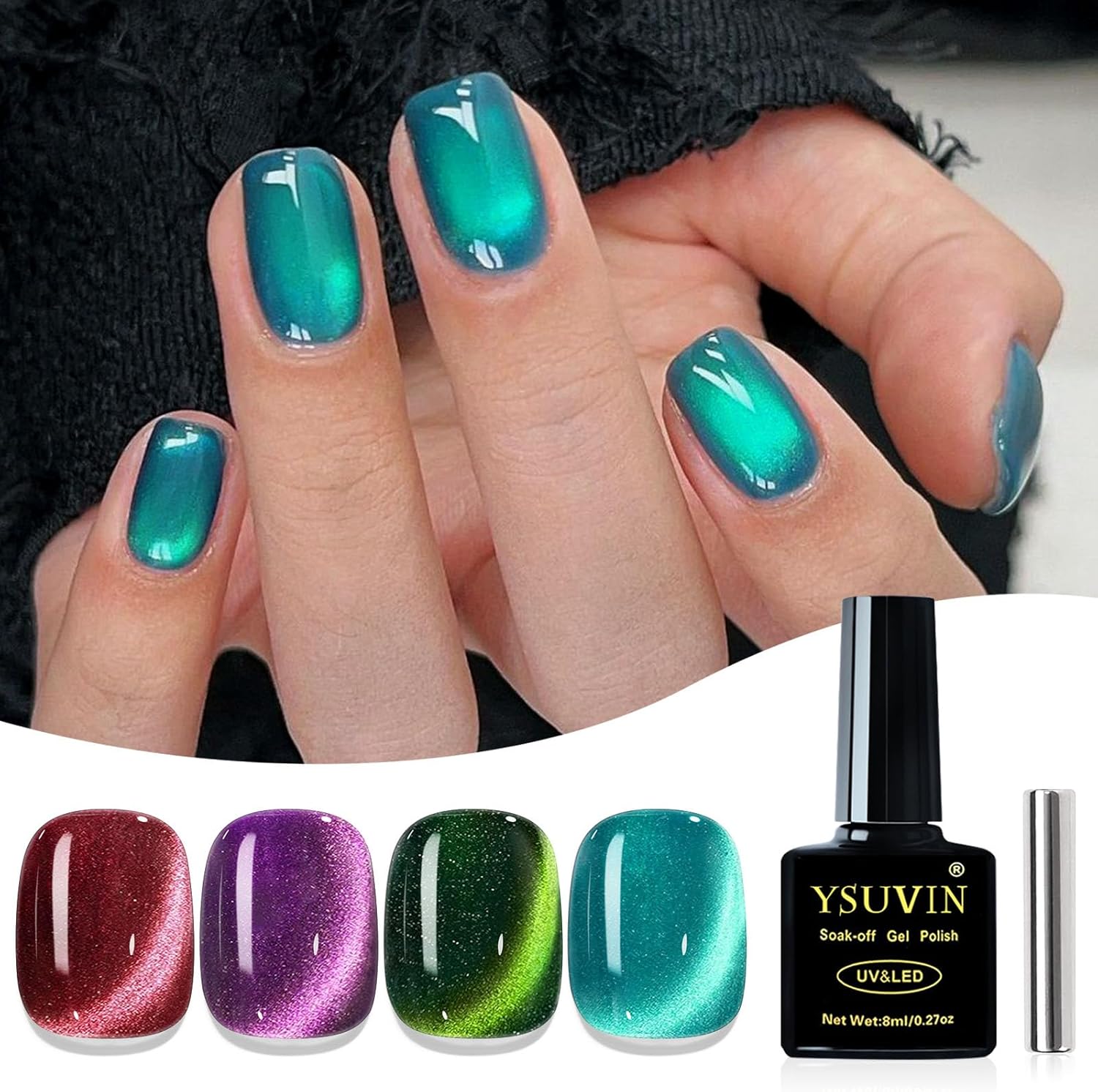 Yueshop Cat Eye Gel Nail Polish,4 Colors Classic Red Purple Green Cyan Glitter Magnetic Gel Nail Polish Soak Off UV LED Cat Eye Gel Polish Nail Art Salon For Beginner,8ML