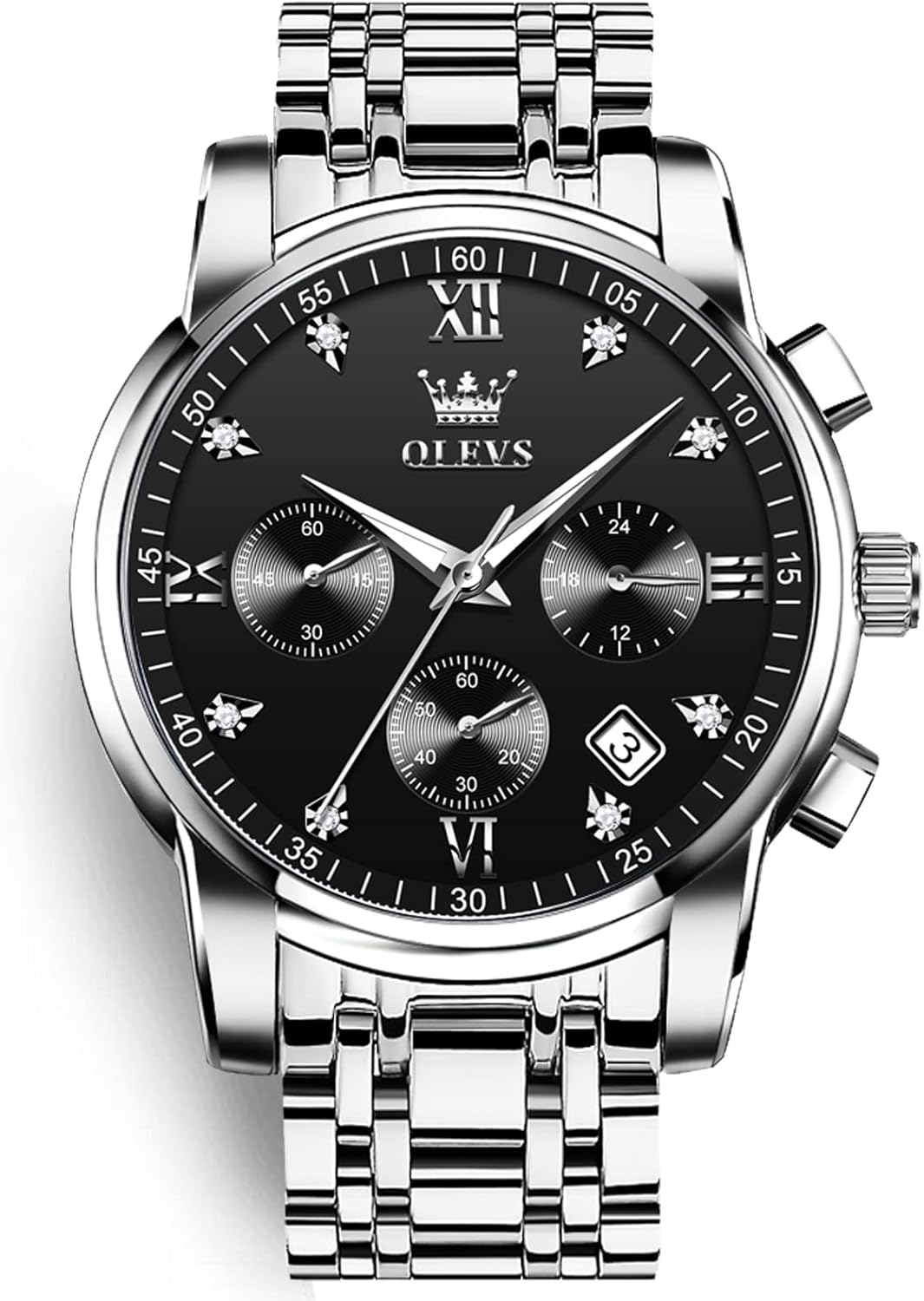 OLEVS Men's Chronograph Watch, Gold Silver Stainless Steel Analog Quartz Watch, Waterproof Multi-Function Dial with Date Diamond Watches for Men