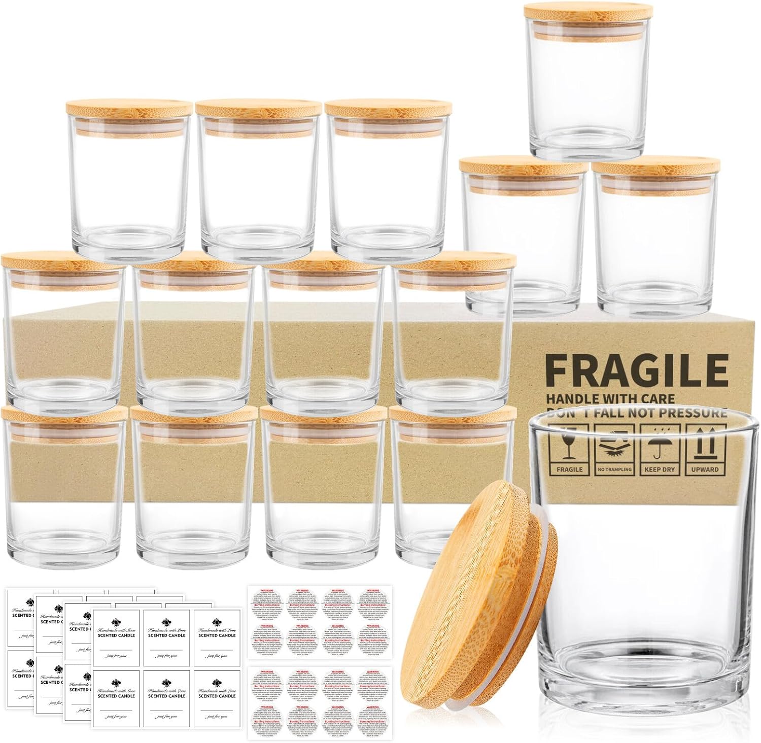 SUPMIND 15 Pack Glass Candle Jars -7oz Clear Empty Candle Jars with Bamboo Lids and Labels, Bulk Candle Containers Jars for Making Candles - Dishwasher