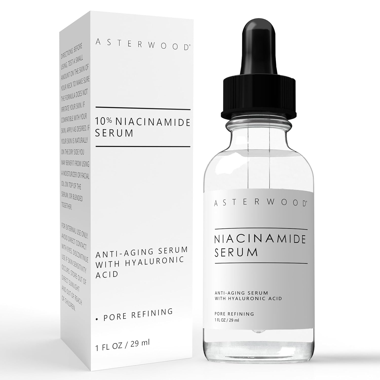 Asterwood 10% Niacinamide Serum for Face - Anti-Aging, Pore Minimizing, Hydrating - with Vitamin B3 and Hyaluronic Acid - Tone, Texture - Fragrance-Free - 1 Fl Oz