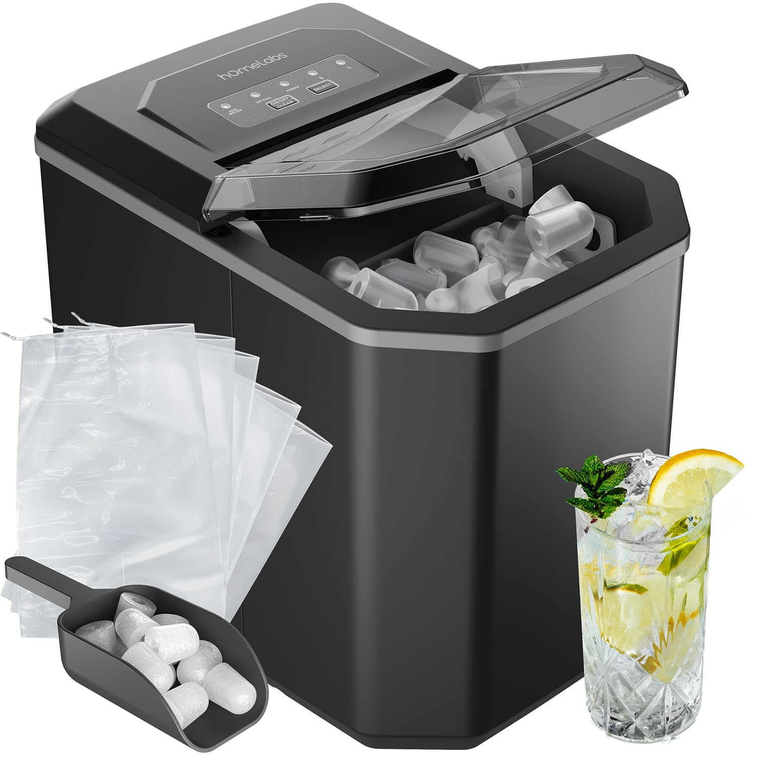 hOmeLabs Countertop Ice Maker – 9 Ice Cubes in Just 6 Minutes, 26lbs in 24Hrs, 2 Ice Sizes, Self-Cleaning, Includes Ice Scoop & 5 Ice Bags, Black Portable Ice Maker for Home/Kitchen/Bar/Dorm/RV