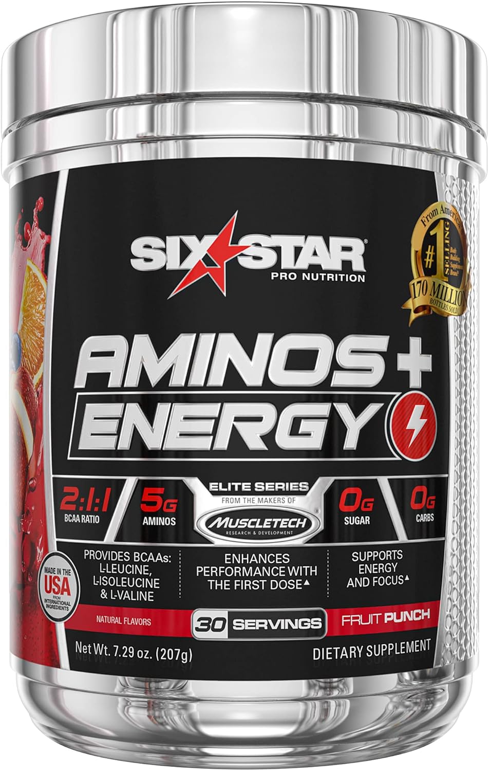 Six Star Aminos Plus Energy, BCAA Powder, Fruit Punch, 30 Servings, Natural color