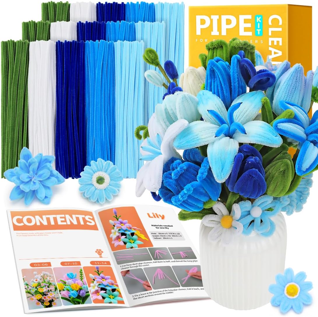 IOOLEEM Pipe Cleaners, 480pcs Blue, Flower Making Kit, Arts and Craft Supplies for Flowers, Ideas for Art Project Activity.