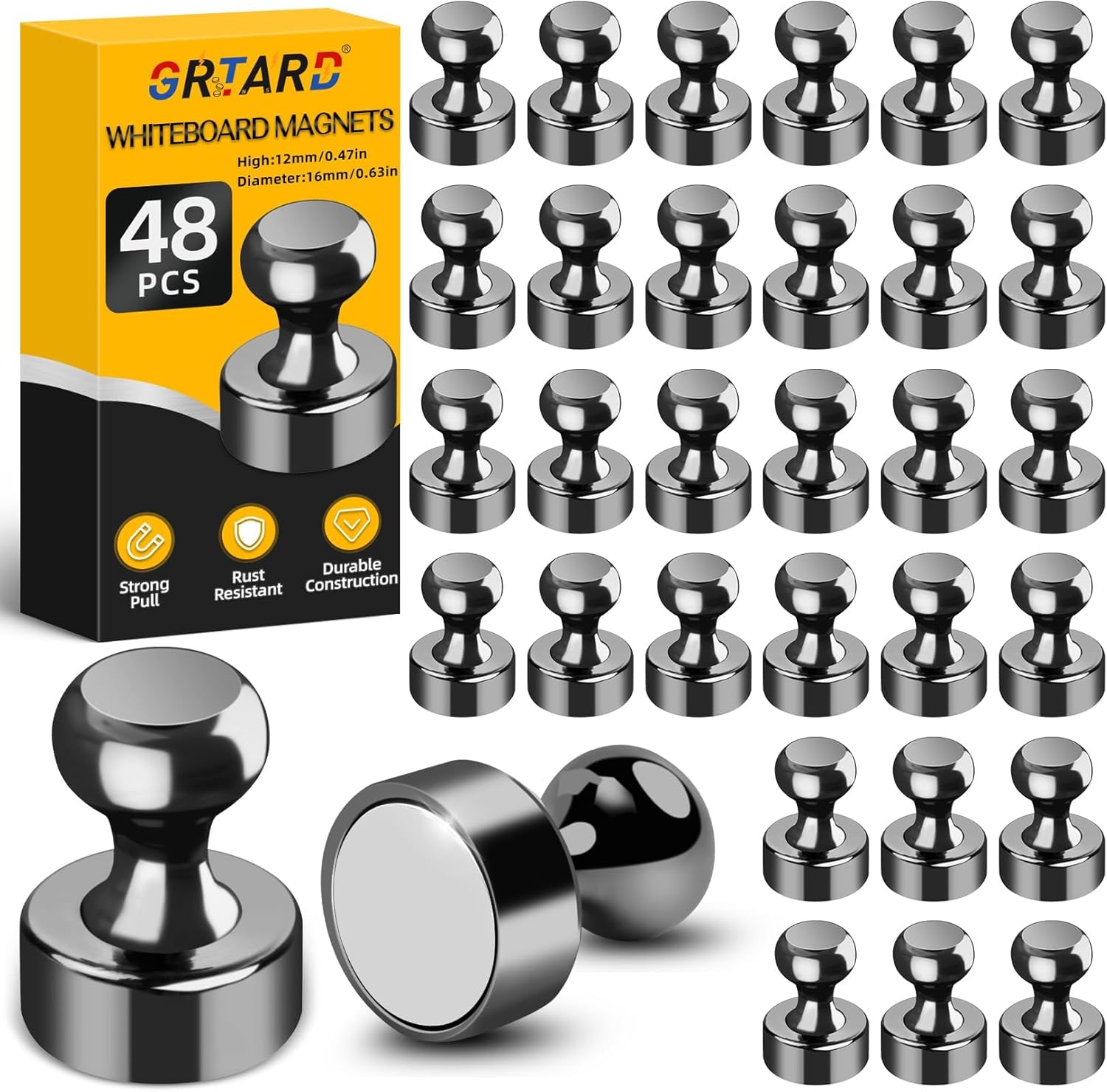Grtard 48 Pack Black Magnetic Push Pins - Strong Fridge & Whiteboard Magnets for Office, School, Locker & Map
