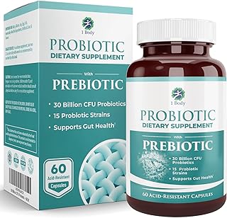 1 Body 30 Billion CFU Probiotic Supplement with Prebiotics – Patented Acid Resistant Capsules to Promote Gut Health, Support Immune System – Probiotics for Women and Men - 60 Vegetarian Capsules