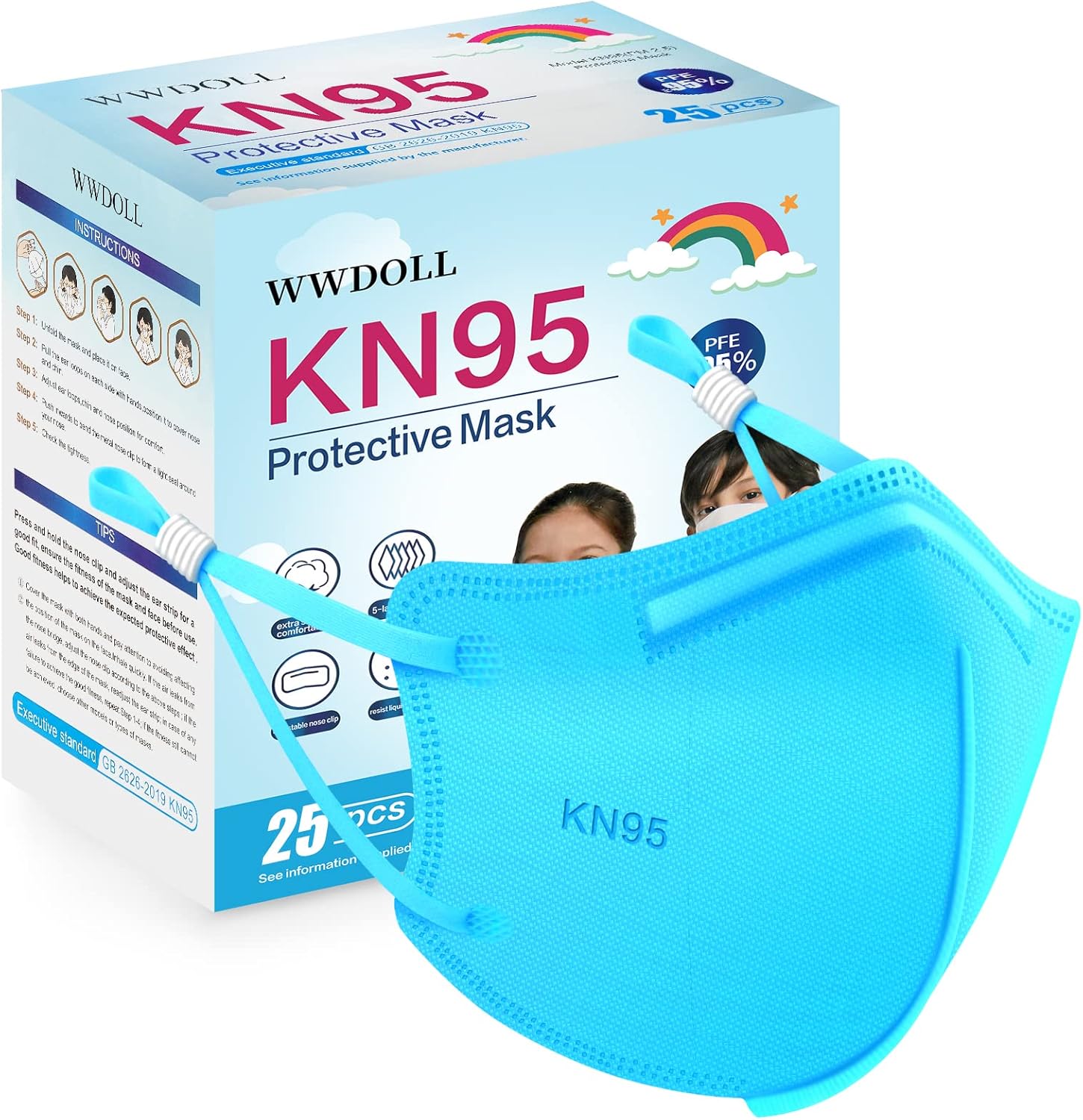 Kids KN95 Face Mask 25 Pack, 5-Layers Breathable KN95 Masks for Children, Blue